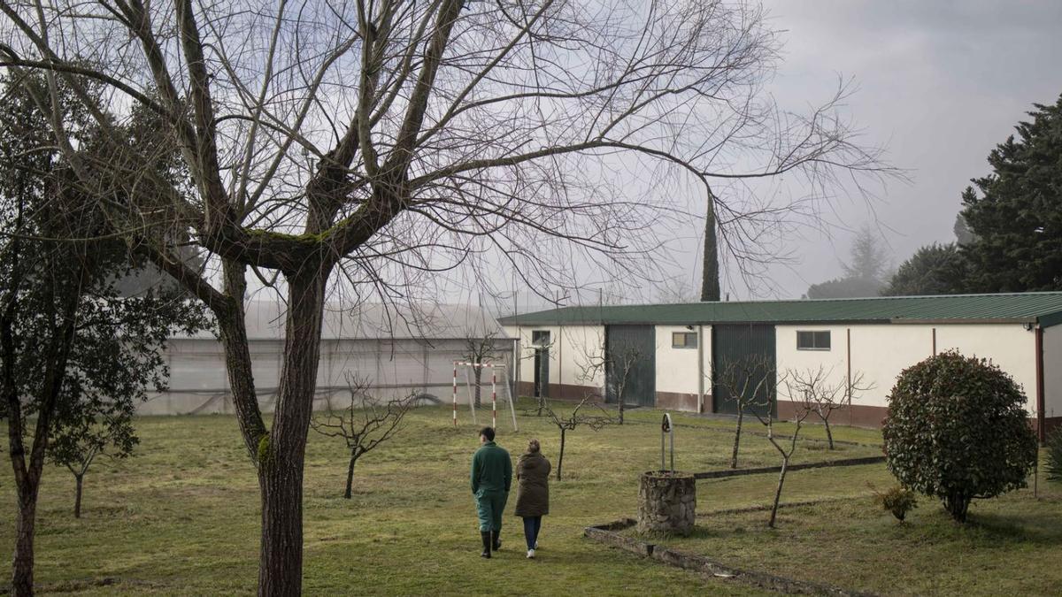 Personal del centro camina con uno de los chavales cerca del campo de fútbol.