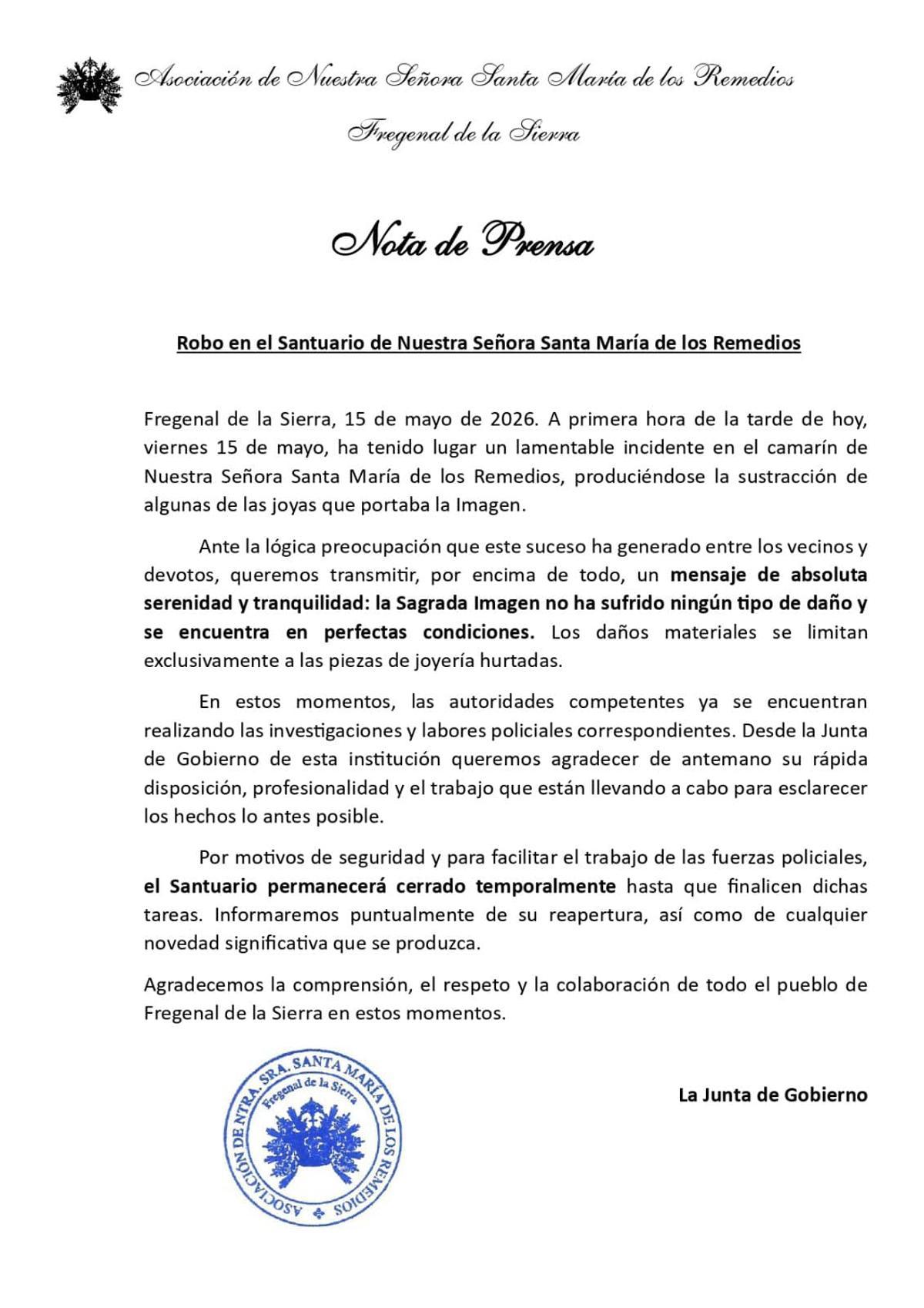Comunicado de la Asociación de Nuestra Señora Santa María de los Remedios de Fregenal de la Sierra tras el robo.