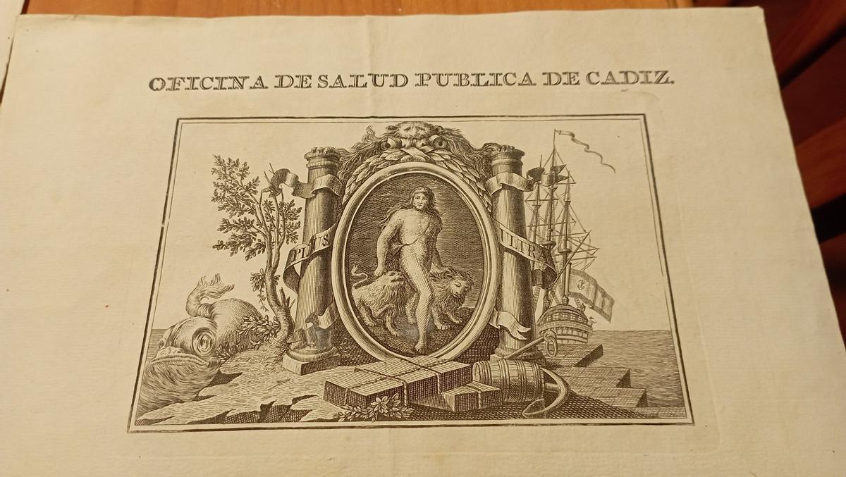 La portada del libro es una patente de sanidad de Cádiz del grabador D.Díaz, dado a conocer en esta monografía.