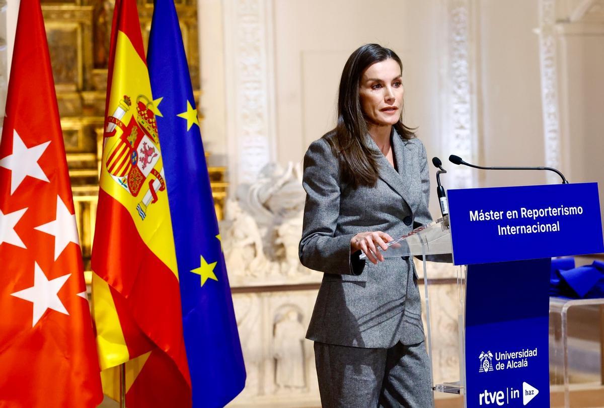 La Reina Letizia, durante su discurso,  en Alcalá de Henares.