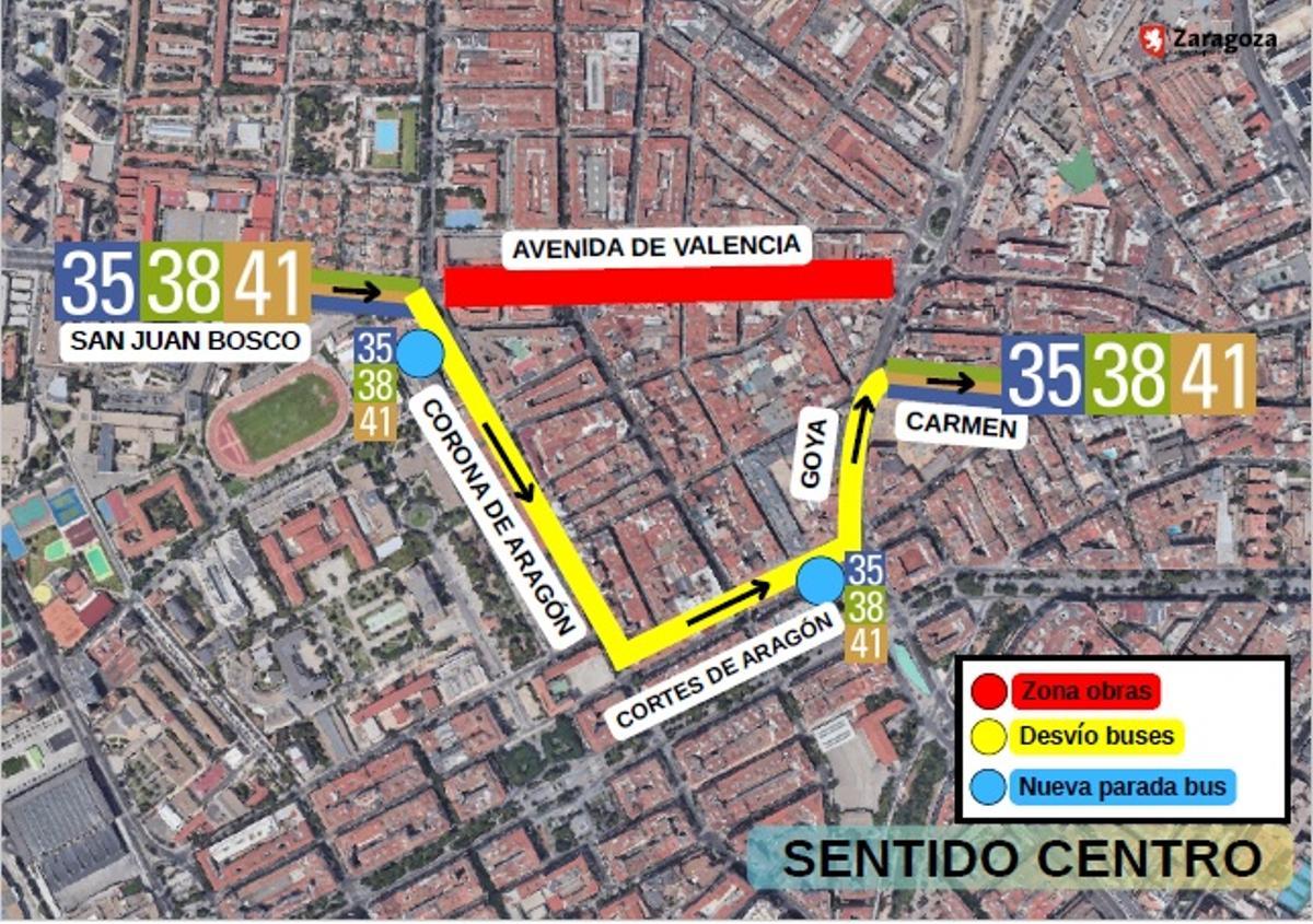 Desvíos del bus durante las obras en la avenida Valencia de Zaragoza.