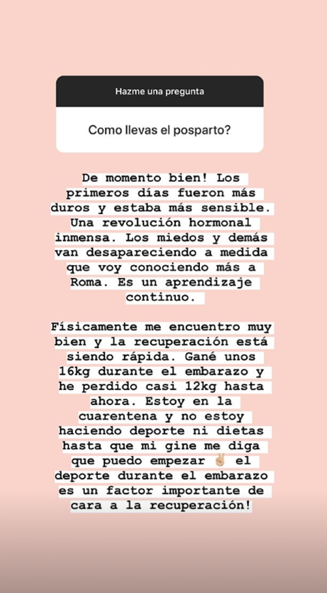 Laura Escanes responde a una seguidora a través de un stories qué tal está yendo el posparto después de dar a luz a su hija Roma