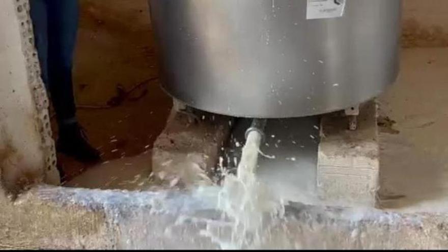 Ganaderos tirando la leche de los depósitos en señal de protesta.