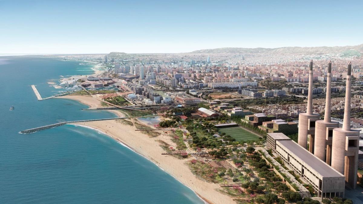 Recreación del futuro parque litoral de las Tres Xemeneies del Besòs, en la desembocadura del río y el futuro Catalunya Media City de las Tres Xemeneies en primer plano.