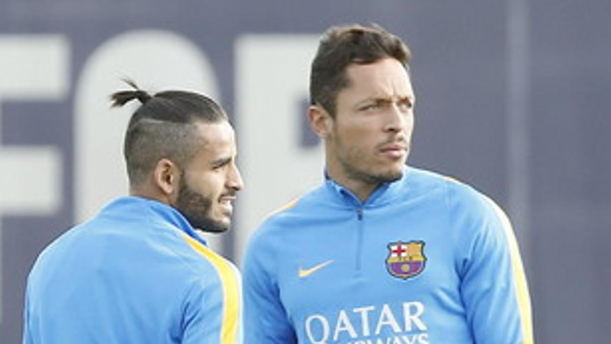 Los jugadores brasileños Adriano Correia y Douglas Pereira, durante el entrenamiento del viernes