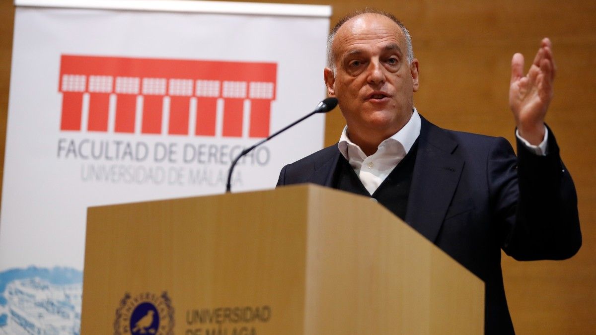 El presidente de La Liga de Fútbol Profesional, Javier Tebas, durante la conferencia inaugural del congreso ‘Compliance en Derecho Deportivo’