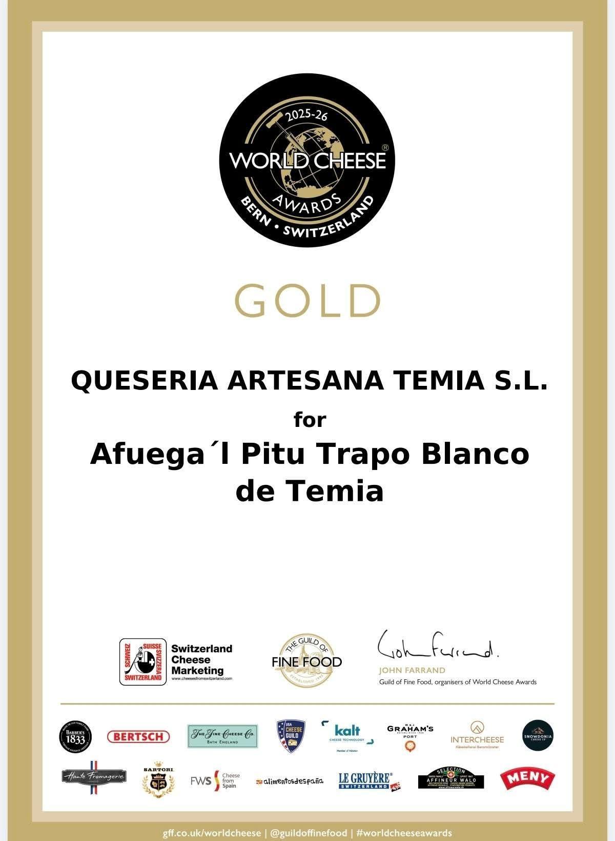 La certificación del premio logrado por el queso de Temia.
