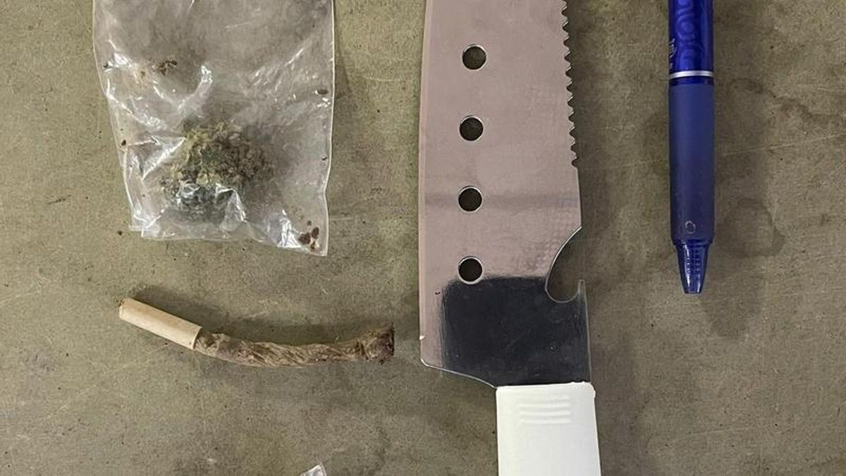 Un cuchillo de unos 30 centímetros, bolsitas de cocaína y de marihuana, efectos intervenidos a un varón en una intervención de la Policía Local de Mijas en La Cala.