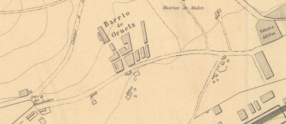 El barrio de Orueta o de La Pelusa, en el plano de Málaga de 1883.