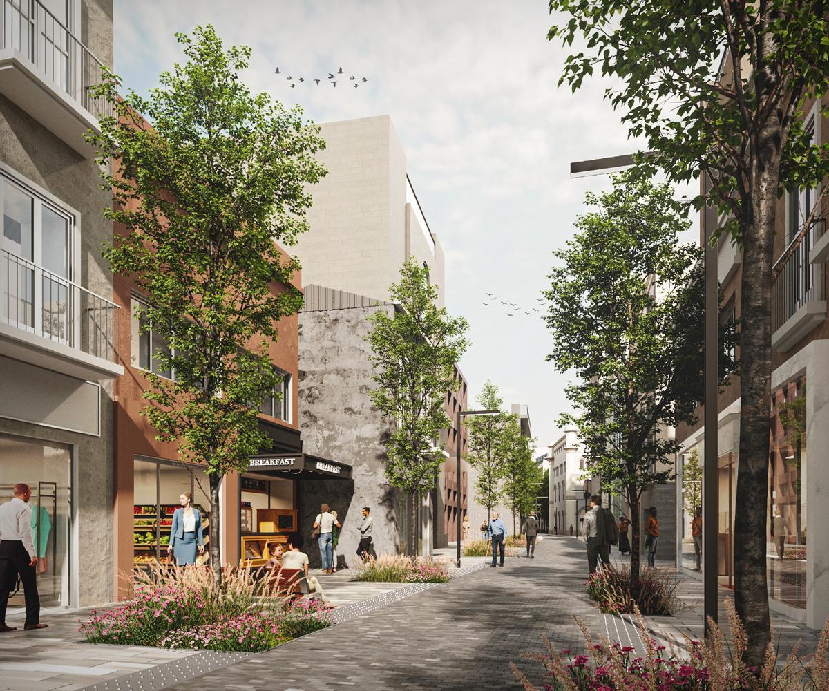 Imagen del futuro aspecto del tramo sur de la calle Francesc Layret, con el Ayuntamiento al fondo.