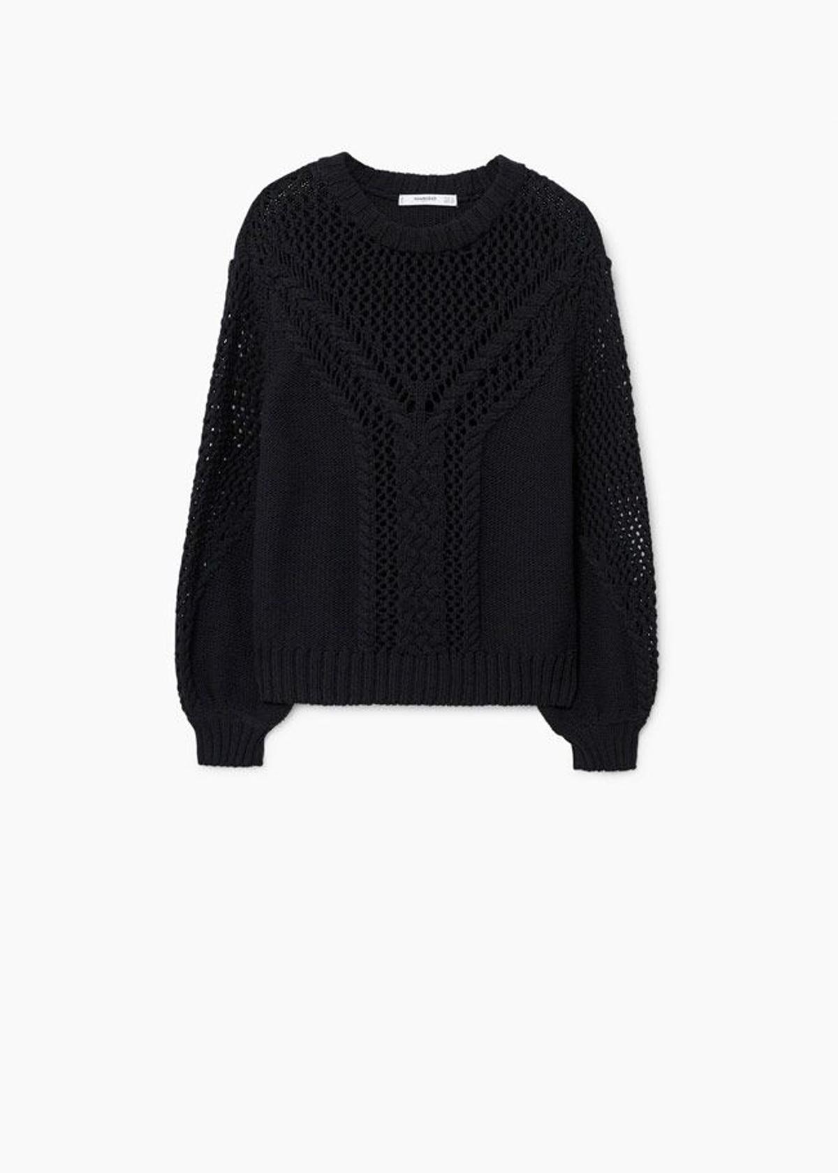 Jersey negro de punto calado con manga abullonada de Mango