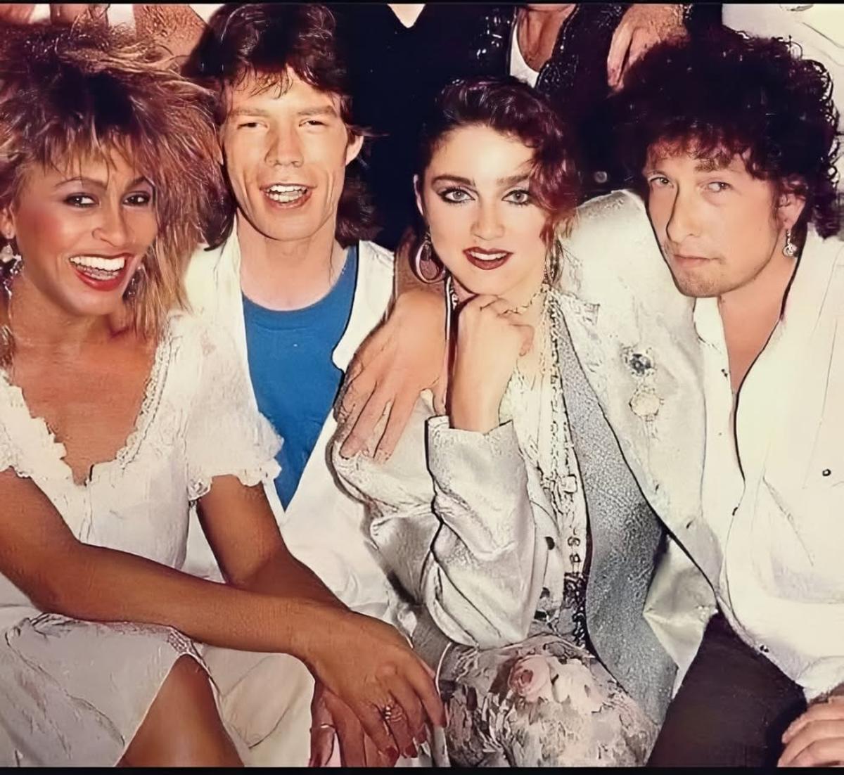 Madonna y Mick Jagger en el Live Aid con Tina Turner y Bob Dylan