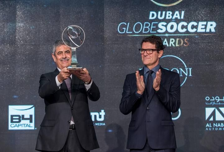 Benfica president Luis Filipe Vieira receives "Best Academy of the Year" award during the Globe Soccer Awards Ceremony at Dubai International Sports Conference, in Dubai