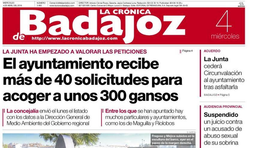 Esta es la portada de LA CRÓNICA DE BADAJOZ correspondiente al día 4 de marzo del 2018