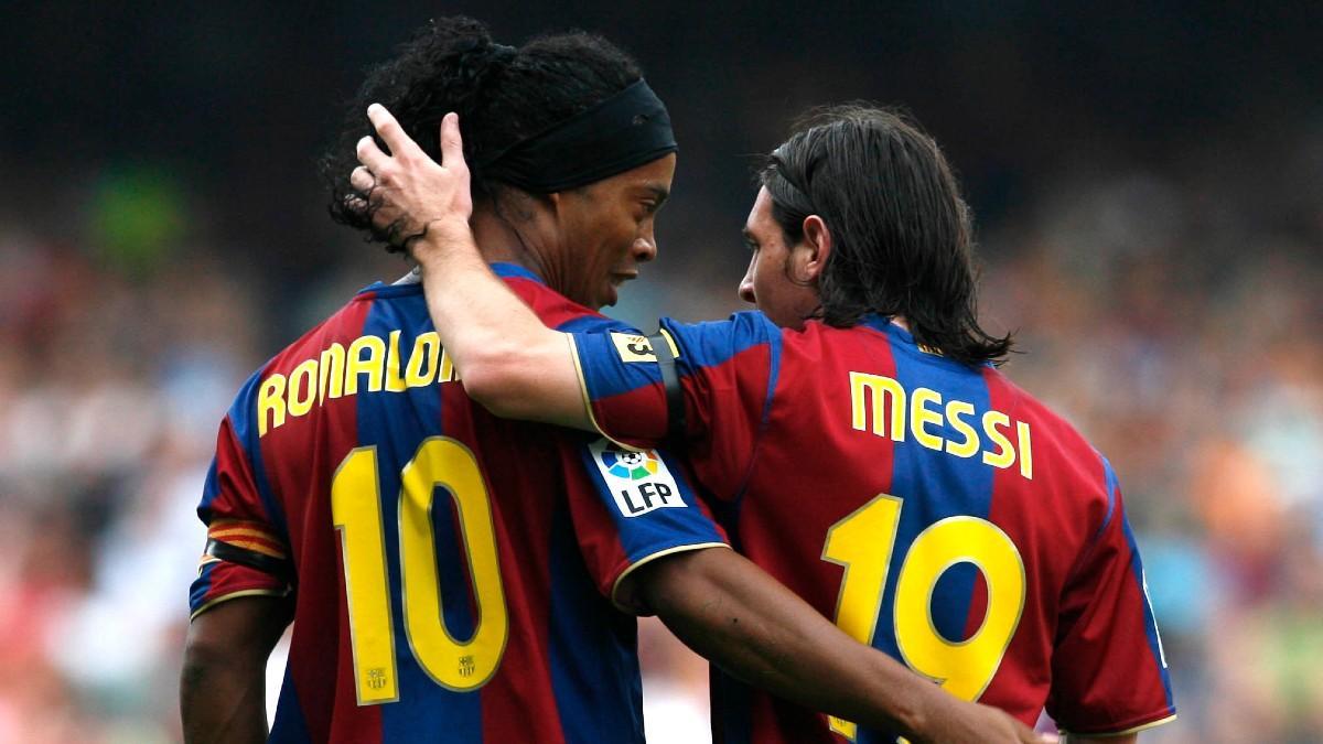 Ronaldinho y Messi en el Barça durante la temporada 2007/08