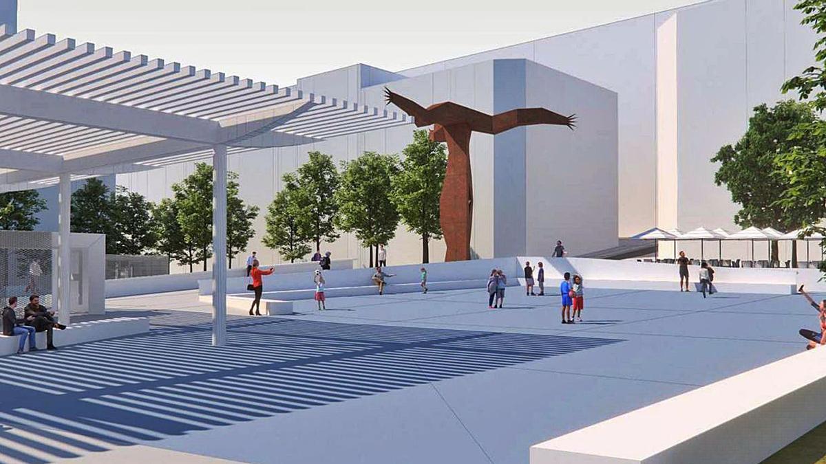 Un aspecto del diseño previsto para la plaza de Barcelos, con una gran pérgola que dará sombra en verano a la zona de juegos. |