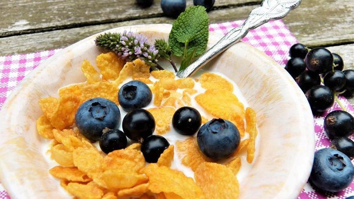 Tomar un tazón de cereales con fruta es una buena opción para desayunar.