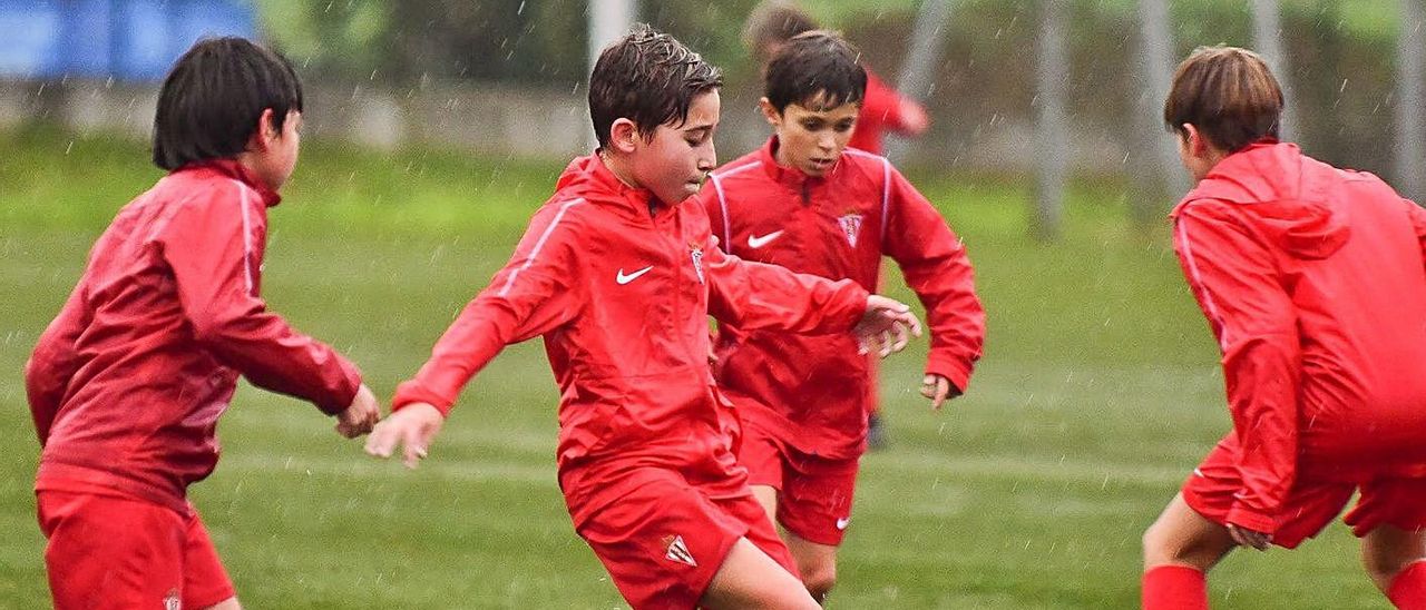 Jugadores de las categorías inferiores del Sporting, entrenando en Mareo en el mes de octubre.