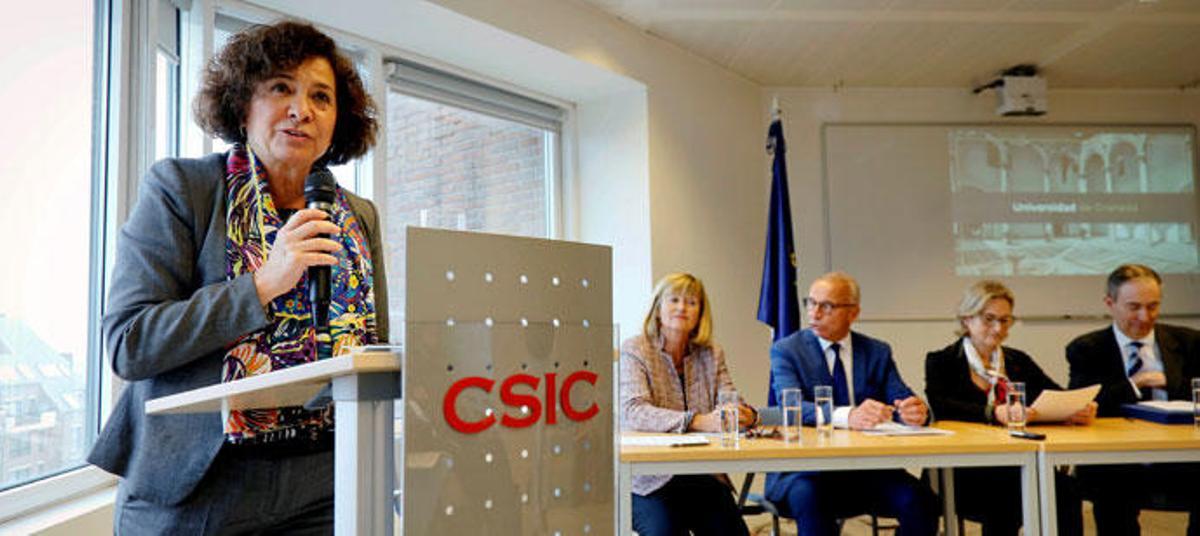 La rectora de la Universidad de Granada, Pilar Aranda Ramírez, durante la presentación del proyecto Arqus