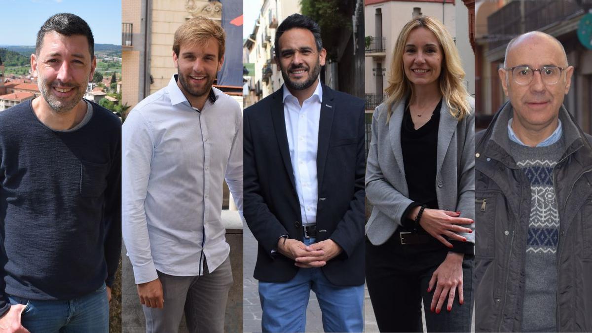 Els cinc caps de les candidatures que han entrat a l'Ajunament. Per l'esquerra: Ivan Sànchez, Ramon Caballé, Abel Garcia, Judit Vinyes i Moisès Masanas