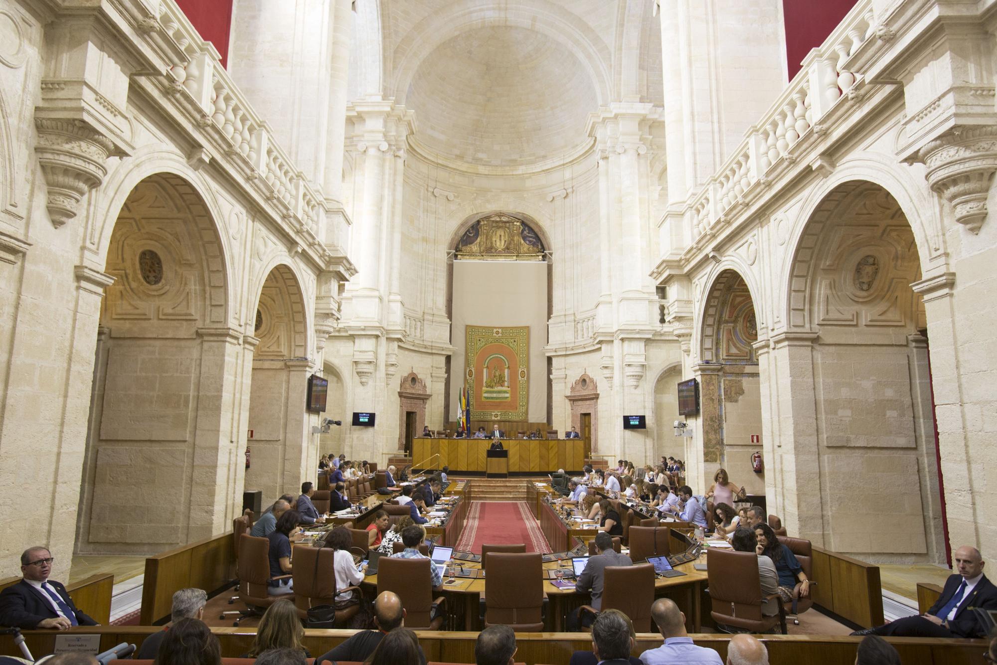 Vista del salón de plenos durante la celebración en el Parlamento de Andalucía.