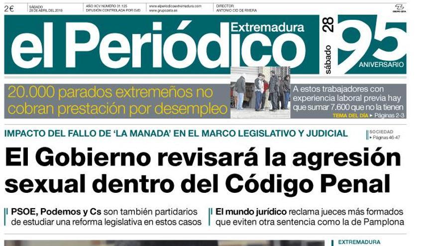 Esta es la portada de EL PERIÓDICO EXTREMADURA correspondiente al día 28 de abril del 2018