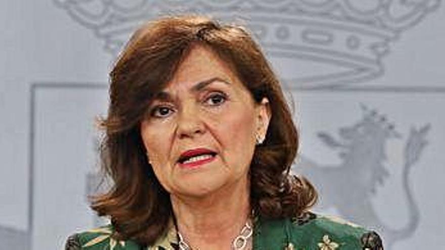 Un moment de la roda de premsa de la vicepresidenta Carmen Calvo