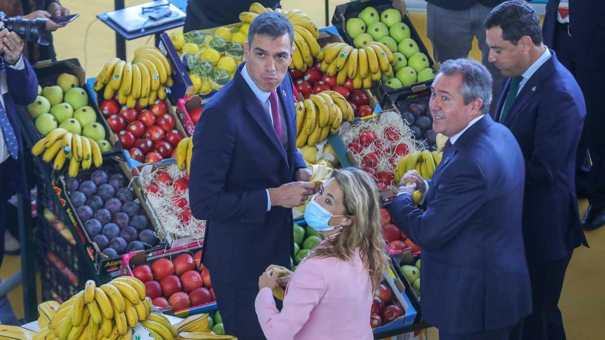 Pedro Sánchez anuncia la creación de bono joven de vivienda de 250 euros mensuales. En la foto, Sánchez, Juanma Moreno, Raquel Sánchez y Juan Espadas, en un estand de Mercasevilla degustando plátanos de Canarias antes de la inauguración oficial del I Foro Urbano de España y el III Foro de Gobiernos Locales, celebrados en Sevilla.