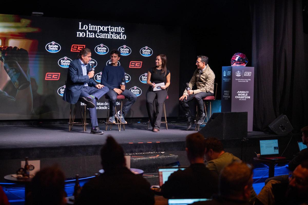 Marc Márquez, nueve veces campeón del mundo, durante la conferencia de prensa de hoy, en Madrid, de Estrella Galicia.