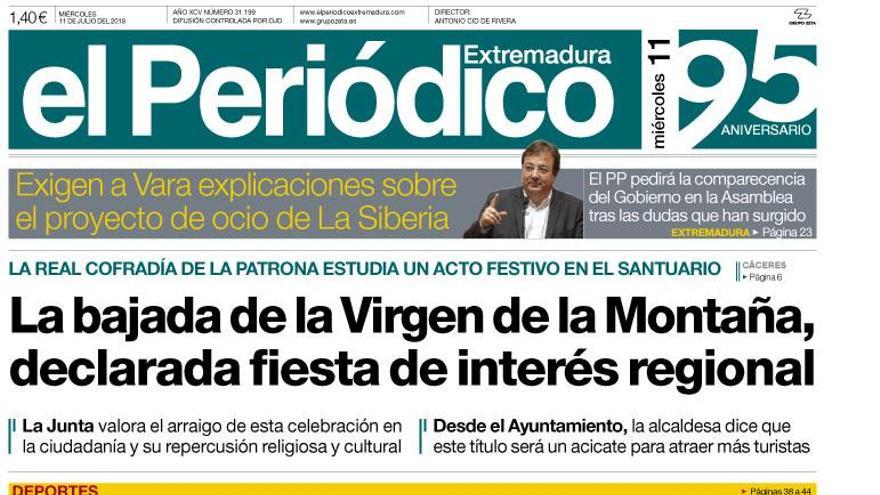 Esta es la portada de EL PERIÓDICO EXTREMADURA correspondiente al día 11 de julio del 2018