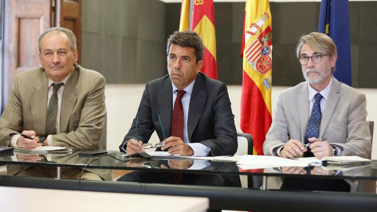 José Luis Aguirre, Carlos Mazón y Pablo Broseta, durante la videconferencia en el Palau.