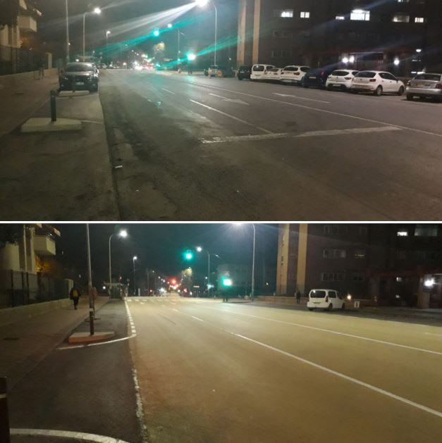 Diferencia entre la luminosidad que había en la calle antes y después de colocar el nuevo asfalto
