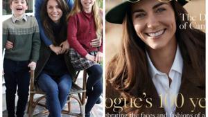 Imagen del montaje familiar de Kate Middleton y sus hijos. A su lado, la portada de Vogue en la que sale la princesa de Gales.