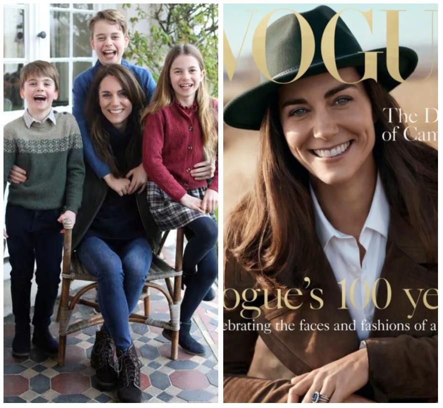 Imagen del montaje familiar de Kate Middleton y sus hijos. A su lado, la portada de Vogue en la que sale la princesa de Gales.
