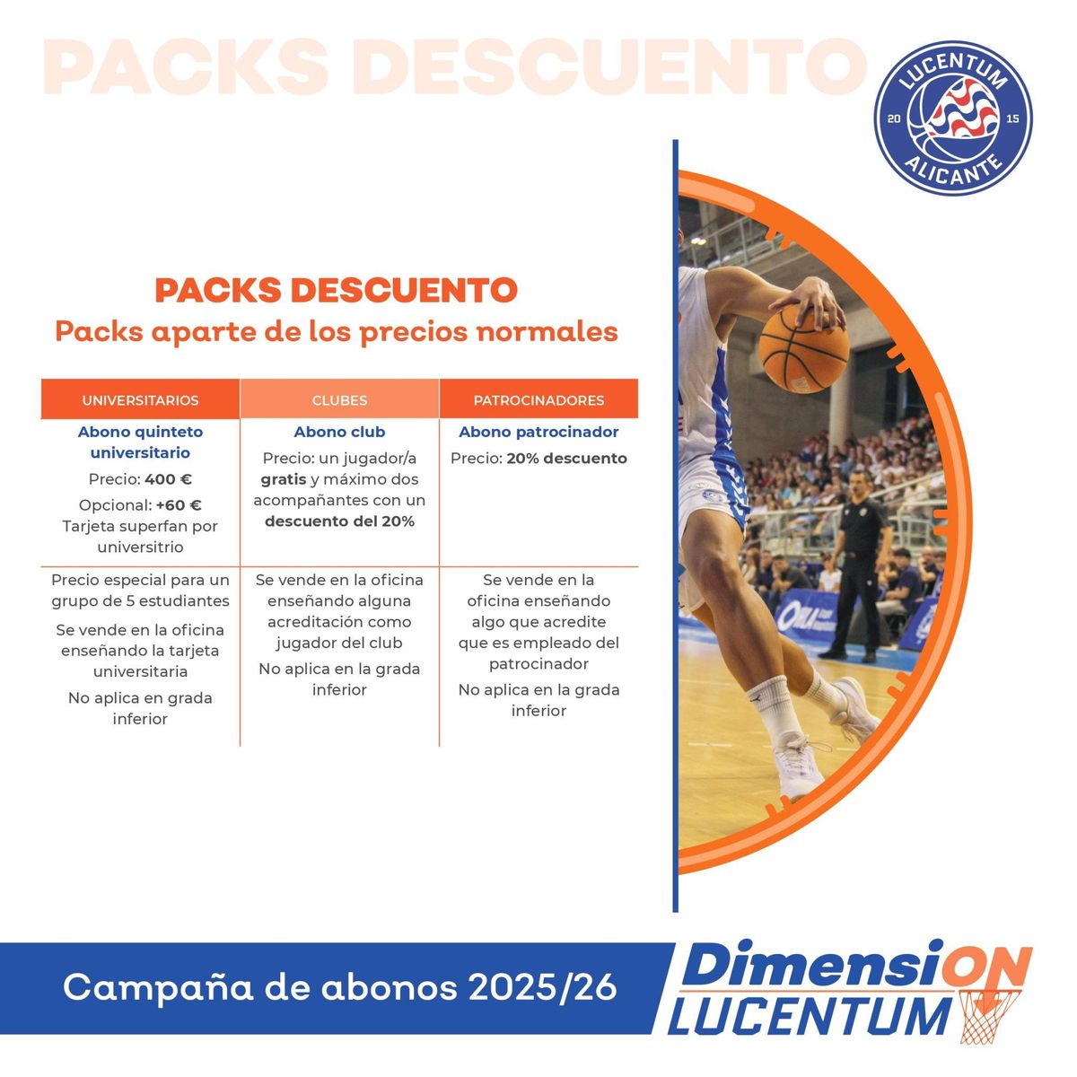 Diseño con los packs descuento de la campaña de abonos del Lucentum.