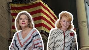 Pilar Rahola y Esperanza Aguirre, sobre una bandera catalana.