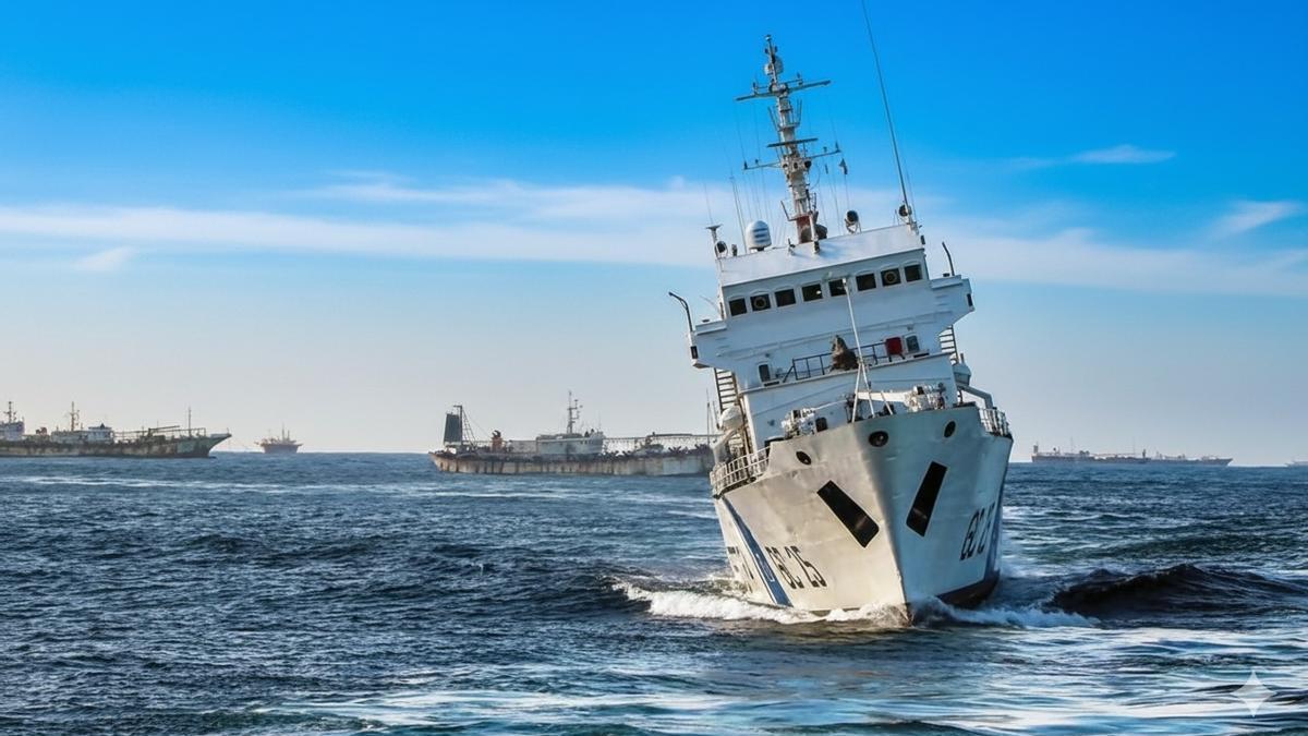 Buque de la Prefectura Naval, con poteros chinos al fondo