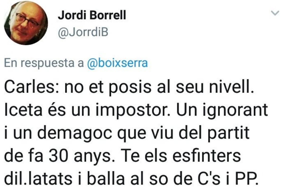 Tuit de Jordi Borrell contra Miquel Iceta