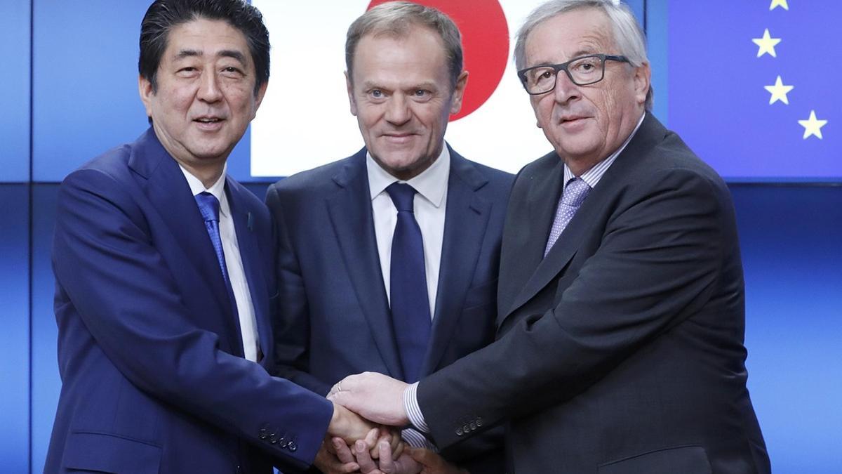 Japan's Prime Minister Shinzo Abe arrives at the EU headquarters in Brussels
