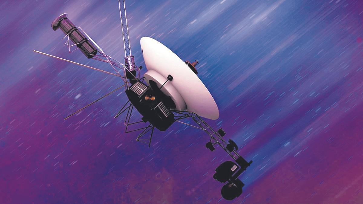 Recreación artística de una sonda Voyager en el espacio.