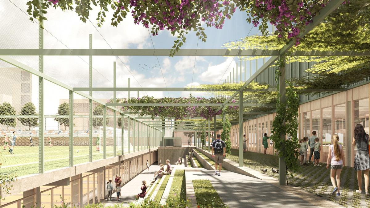 Recreación del futuro campo de fútbol de la Magòria, en Barcelona.