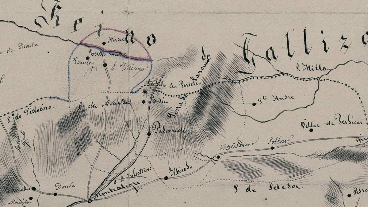 Detalle de la Carta topográfica do Julgado de Montealegre (1836), de Fidencio Bourman, donde se aprecia la situación del Coto Mixto.