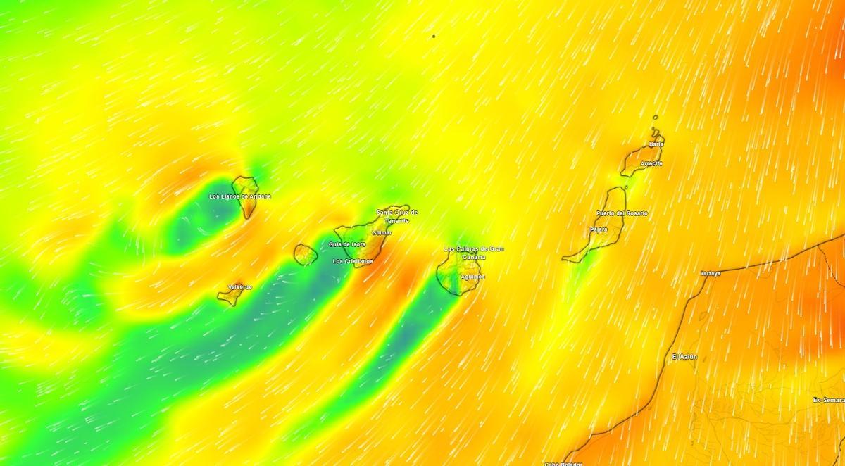 Mapa meteorológico sobre las rachas de viento en Canarias