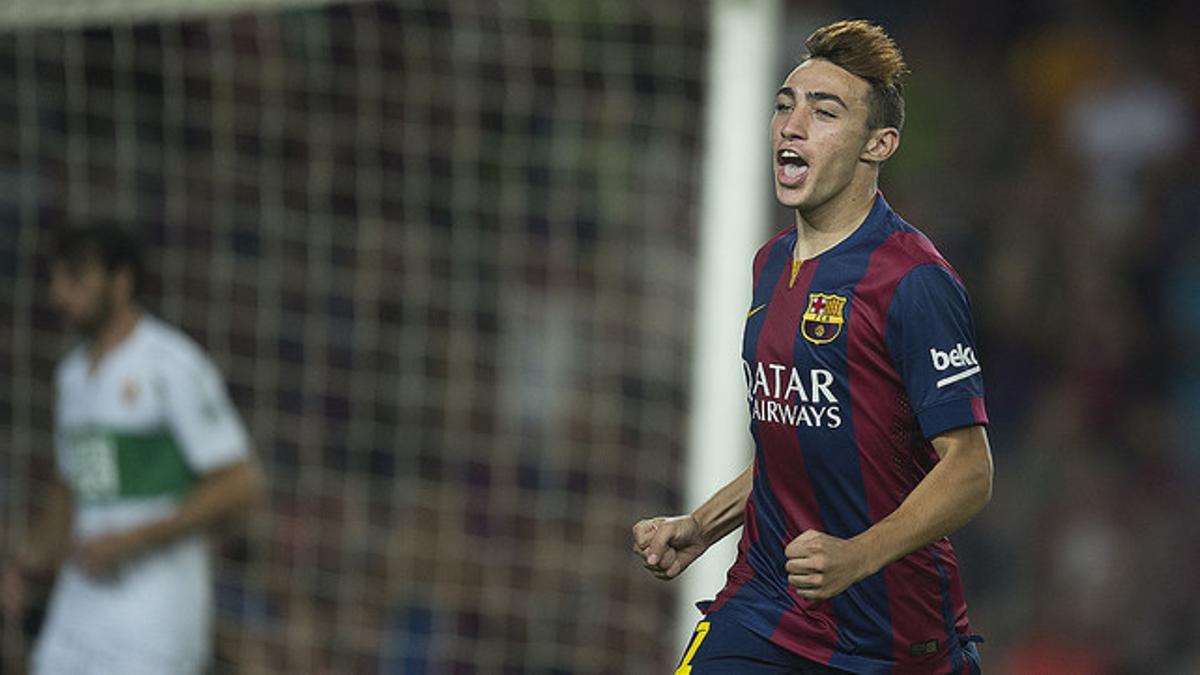 Munir, eufórico tras marcar su primer gol con el primer equipo en un partido oficial, ante el Elche en el debut liguero del Barça