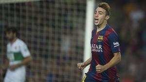 Munir, eufòric després de marcar el seu primer gol amb el primer equip en un partit oficial, davant l’Elx en el debut a la Lliga del Barça.