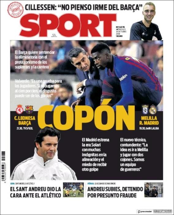 Portada SPORT miércoles 31 de octubre 2018