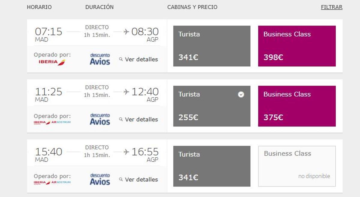 Precio de los vuelos de Málaga a Madrid con Iberia el 3 de febrero.