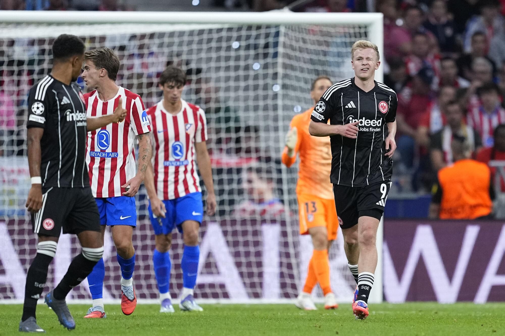 Jonathan Burkardt of Eintracht Frankfurt?? celebrates a goal during the UEFA Champions League 2025/26 League Phase MD2 match between Atletico de Madrid and Eintracht Frankfurt at Riyadh Air Metropolitano on September 30, 2025, in Madrid, Spain. AFP7 30/09/2025 ONLY FOR USE IN SPAIN. Oscar J. Barroso / AFP7 / Europa Press;2025;SOCCER;SPAIN;SPORT;ZSOCCER;ZSPORT;Atletico de Madrid v Eintracht Frankfurt - UEFA Champions League 2025/26 League Phase MD2;