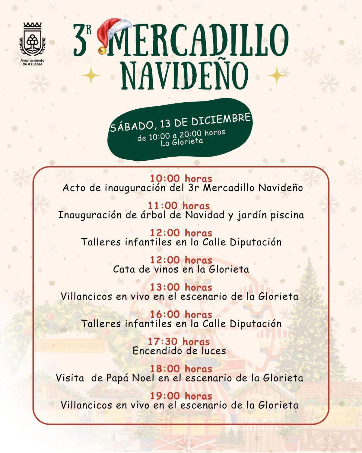 Cartel con los horarios de las actividades del mercadillo navideño de Azuébar.