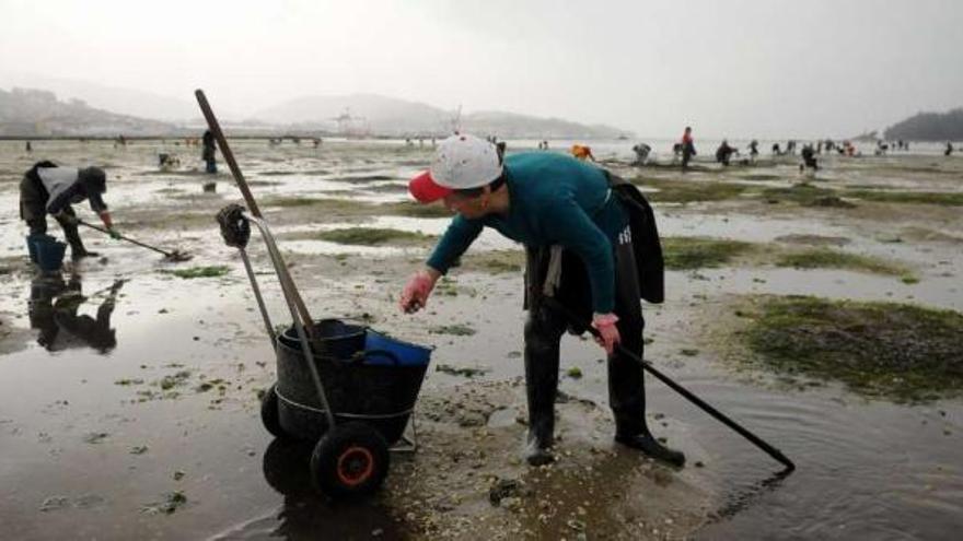 Las mariscadoras durante la jornada de trabajo de ayer en Campelo.  // Gustavo Santos